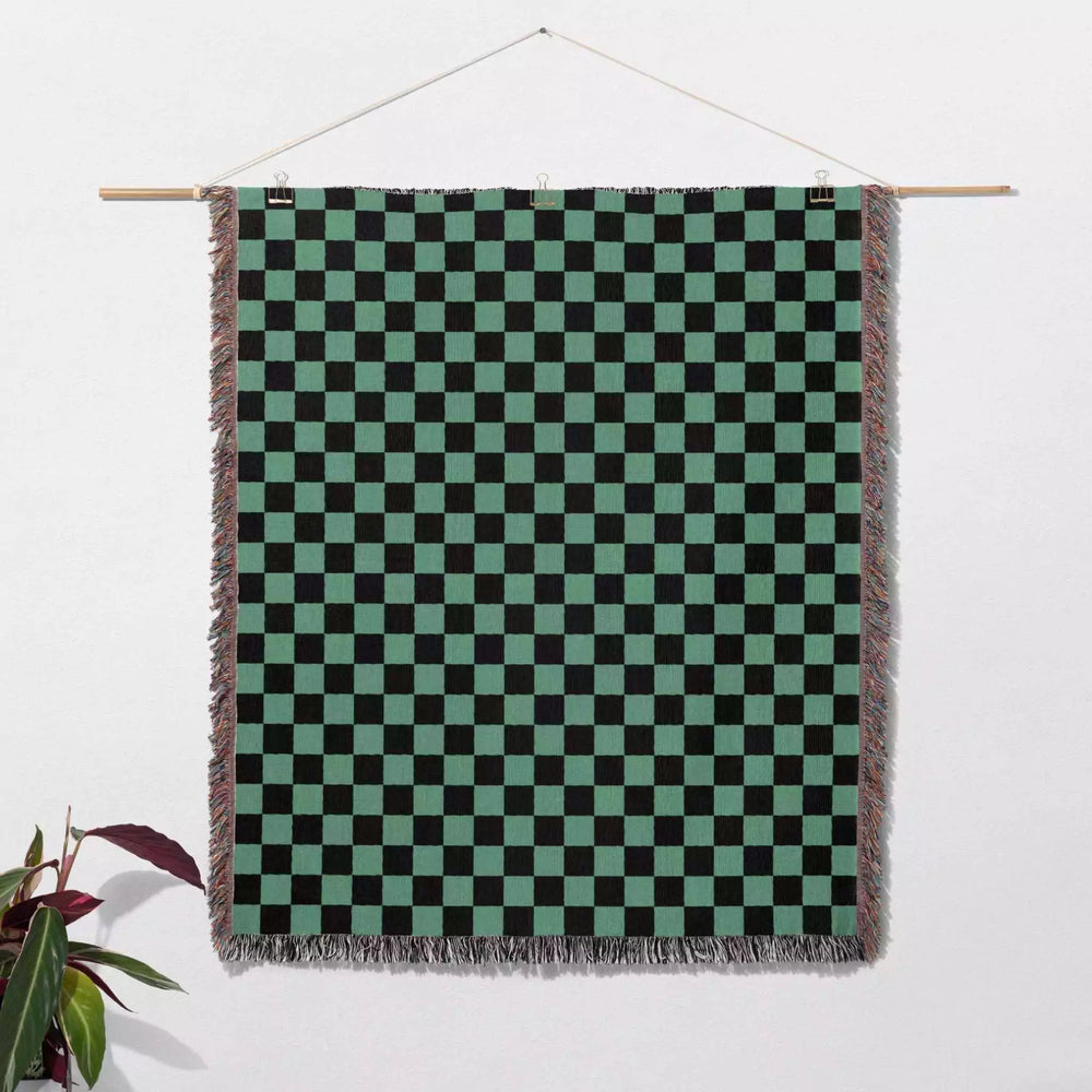 Checkered Black and Light Green Woven Throw Blanket and Tapestry - DesignerOllie.com