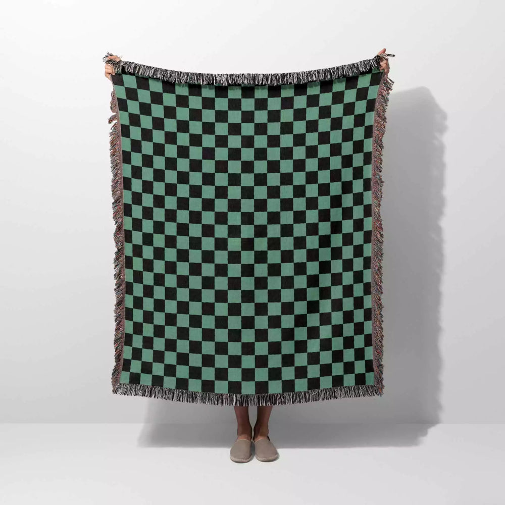 Checkered Black and Light Green Woven Throw Blanket and Tapestry - DesignerOllie.com