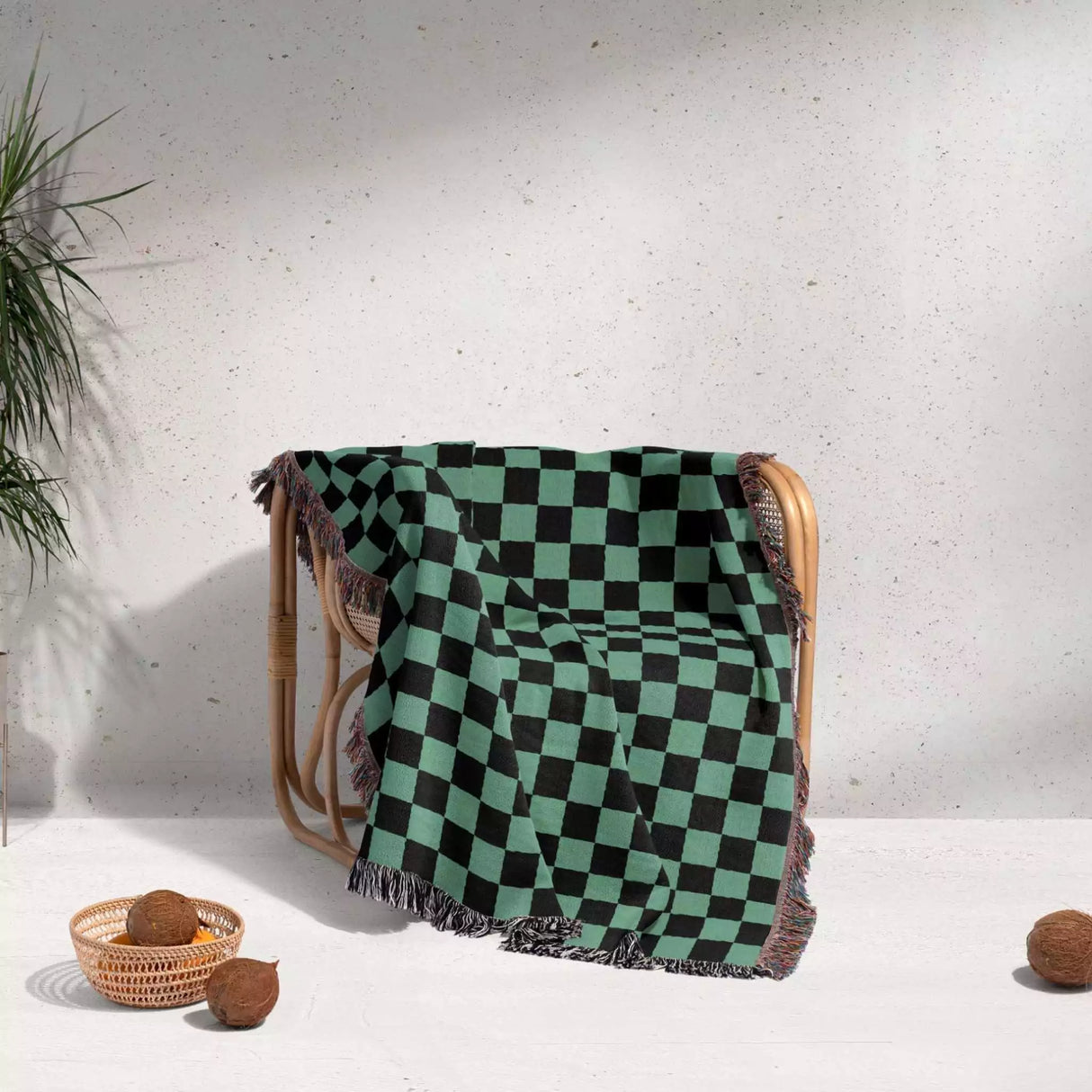 Checkered Black and Light Green Woven Throw Blanket and Tapestry - DesignerOllie.com