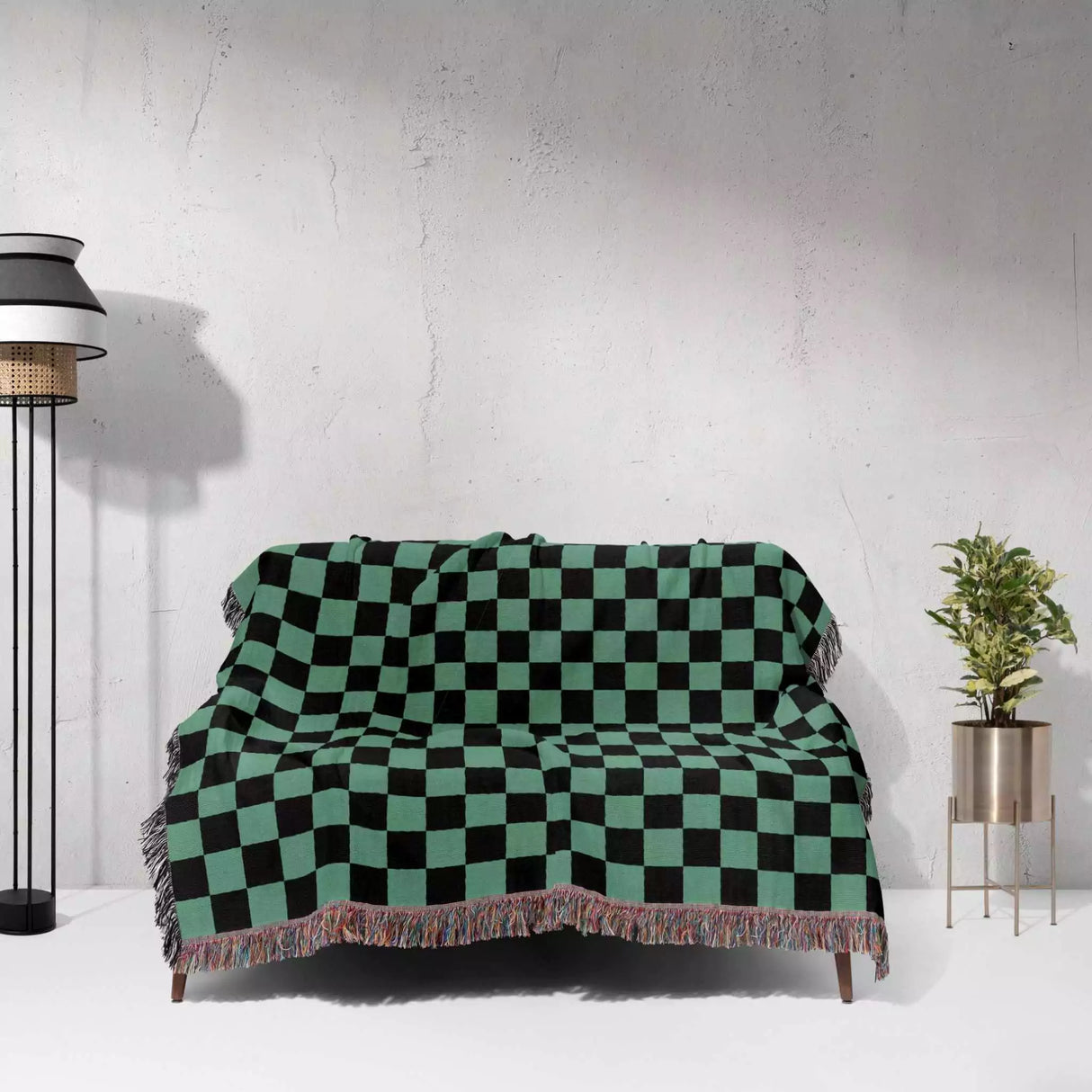 Checkered Black and Light Green Woven Throw Blanket and Tapestry - DesignerOllie.com