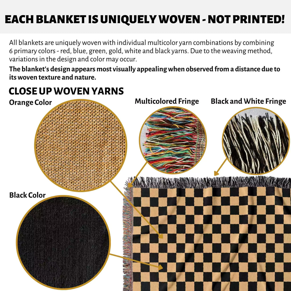 Checkered Black and Orange Woven Throw Blanket and Tapestry - DesignerOllie.com
