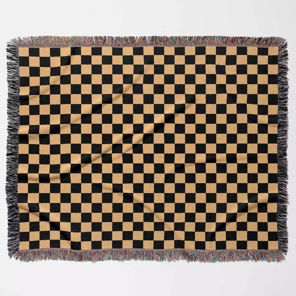 Checkered Black and Orange Woven Throw Blanket and Tapestry - DesignerOllie.com