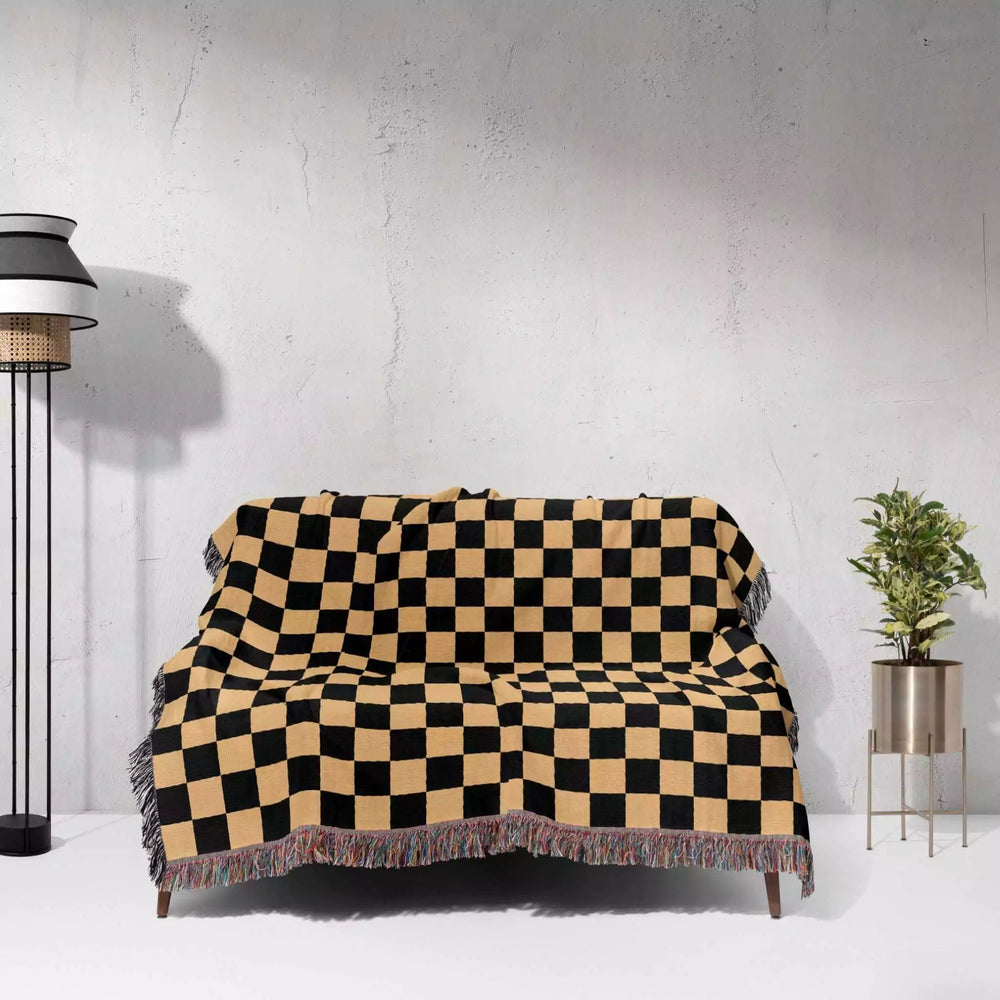 Checkered Black and Orange Woven Throw Blanket and Tapestry - DesignerOllie.com