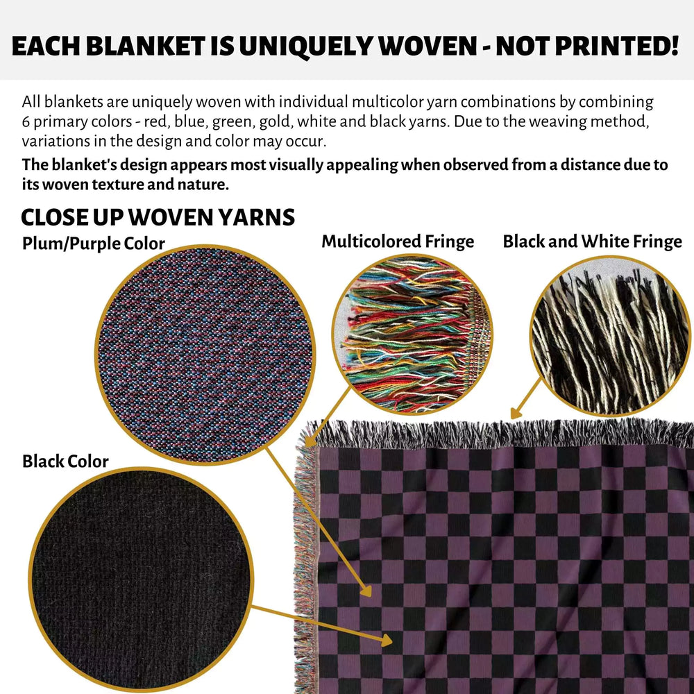 Checkered Black and Purple Woven Throw Blanket and Tapestry - DesignerOllie.com