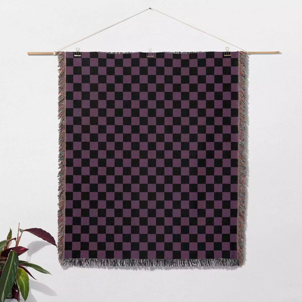Checkered Black and Purple Woven Throw Blanket and Tapestry - DesignerOllie.com
