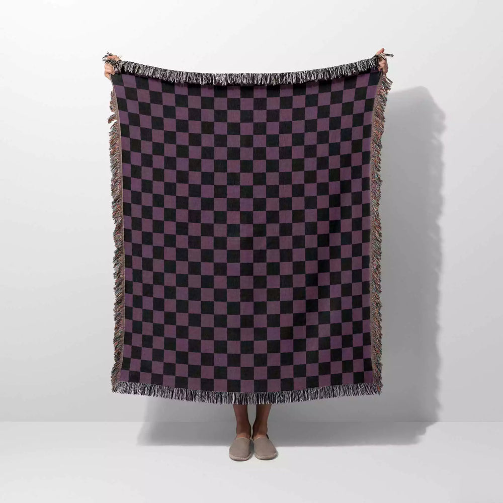 Checkered Black and Purple Woven Throw Blanket and Tapestry - DesignerOllie.com