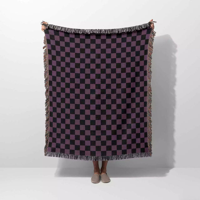 Checkered Black and Purple Woven Throw Blanket and Tapestry - DesignerOllie.com