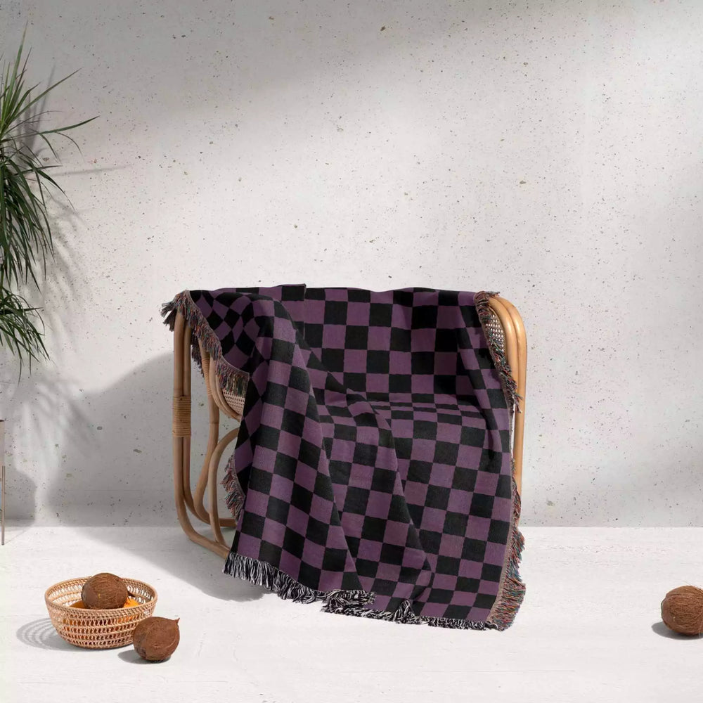 Checkered Black and Purple Woven Throw Blanket and Tapestry - DesignerOllie.com