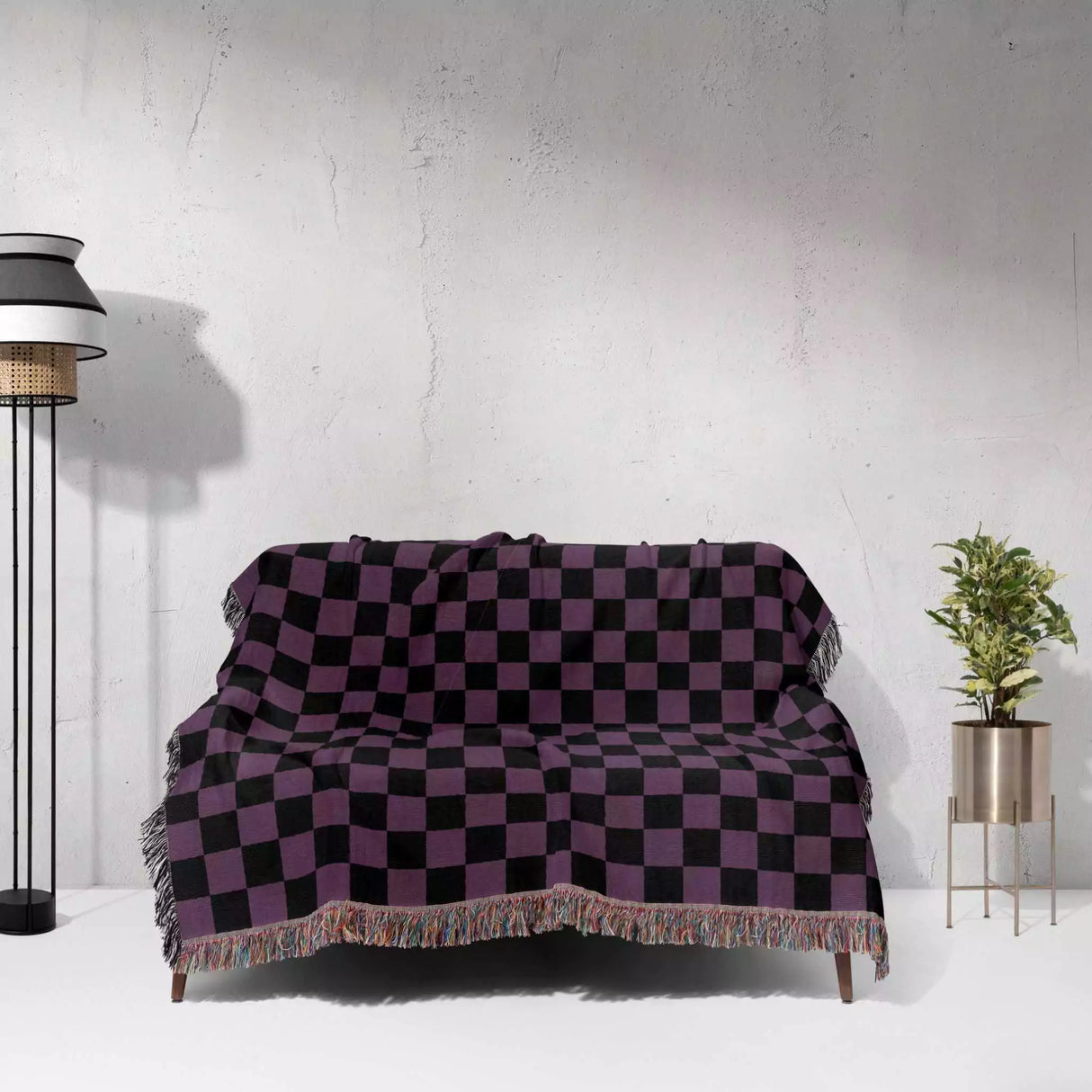 Checkered Black and Purple Woven Throw Blanket and Tapestry - DesignerOllie.com
