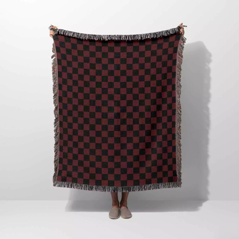 Checkered Black and Red Woven Throw Blanket and Tapestry - DesignerOllie.com