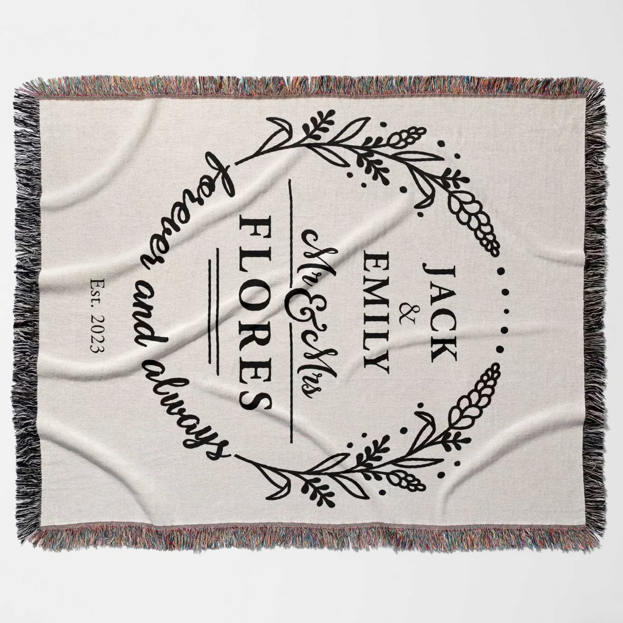 Cotton wedding anniversary gift for him woven throw blanket with personalized text and design on a white background