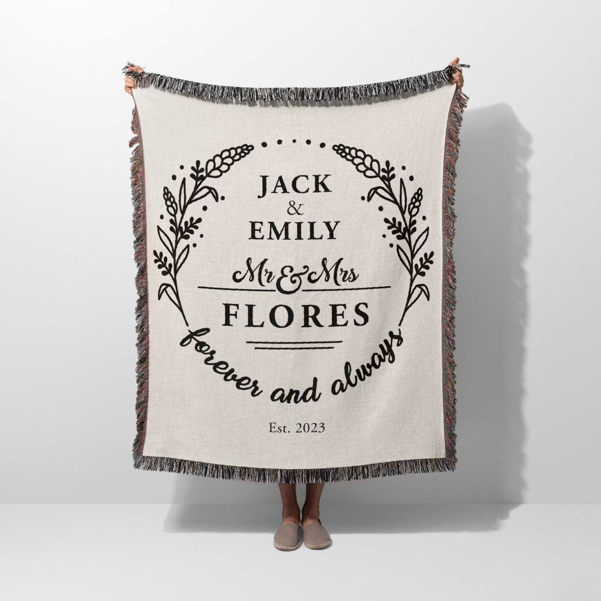 Cotton wedding anniversary gift for him woven throw blanket with 'Jack & Emily Flores' text held by a person on a white background