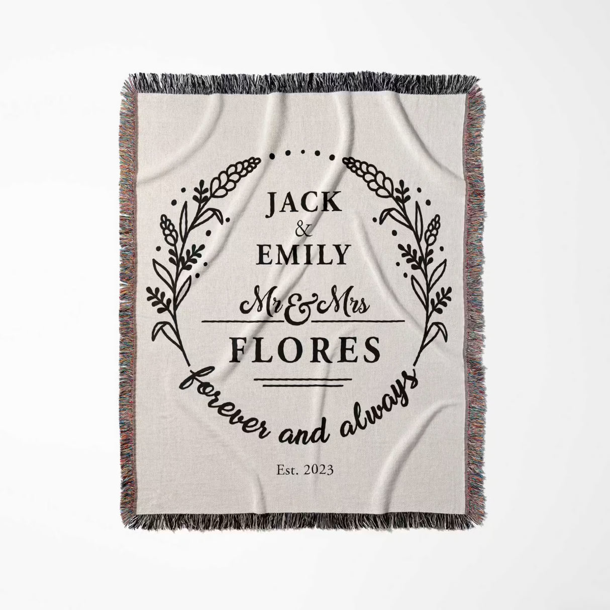 Cotton wedding anniversary gift for him woven throw blanket with 'Jack & Emily Flores' text on a white background