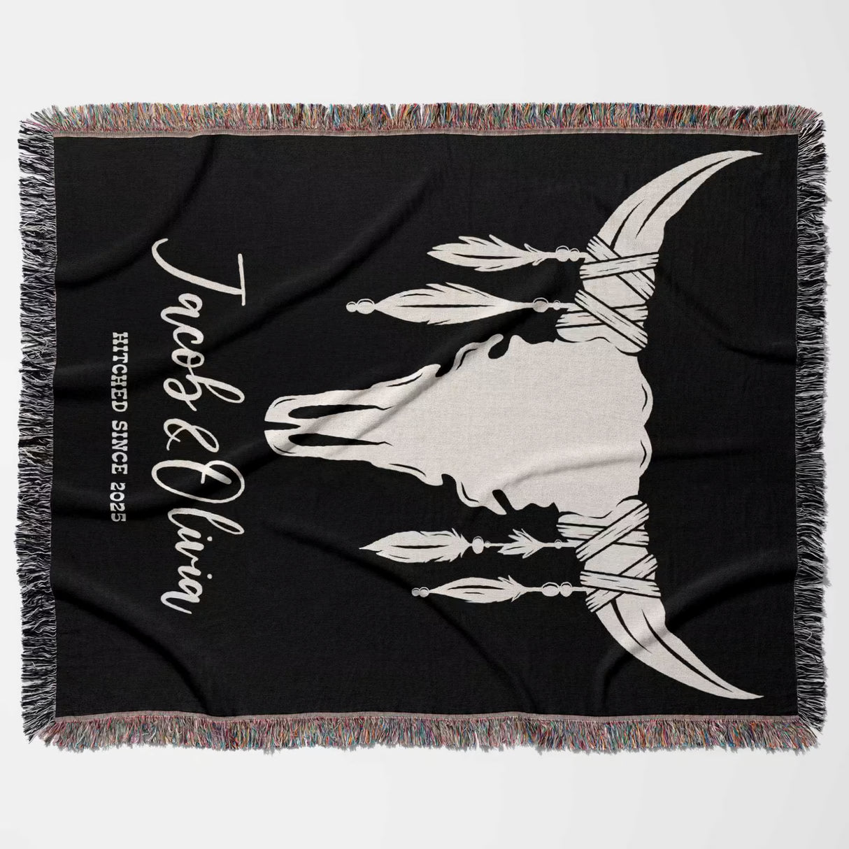 Cow skull wedding 2nd anniversary gift woven throw blanket with white bull design and custom text 'Hitched Since 2023' on a white background