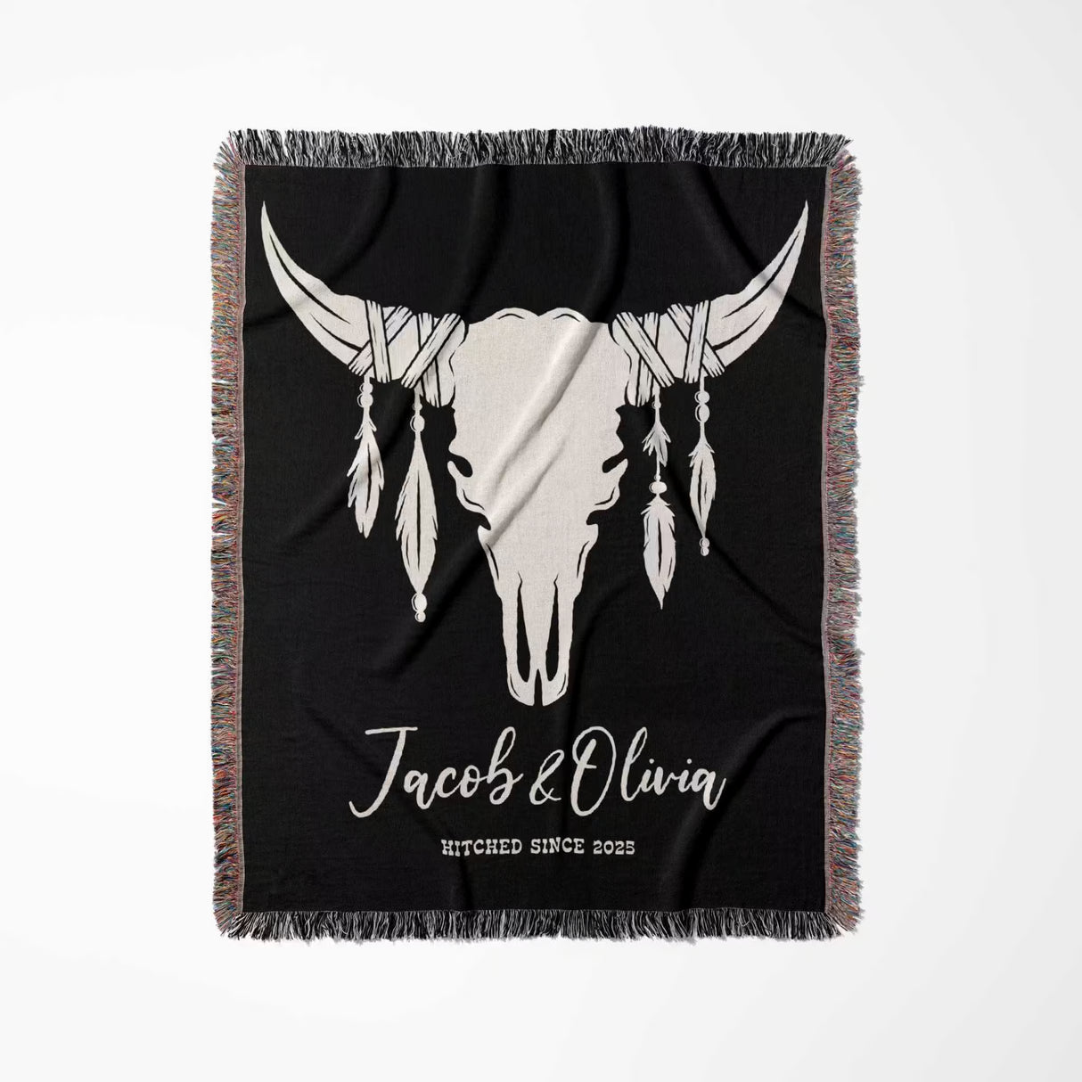 Cow skull wedding 2nd anniversary gift woven throw blanket full view with a bull skull design and personalized text on a white background