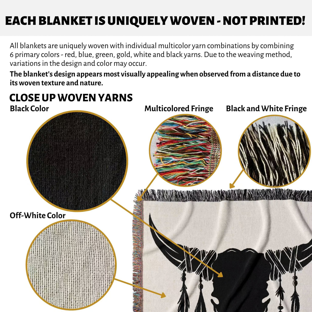 Product description of cow skull wedding cotton anniversary gift woven throw blanket with close-up details and color options.