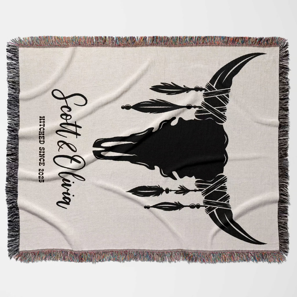 Cow skull wedding cotton anniversary gift woven throw blanket flat lay with black bull silhouette and 'Hitched Since 2023' text on a beige background