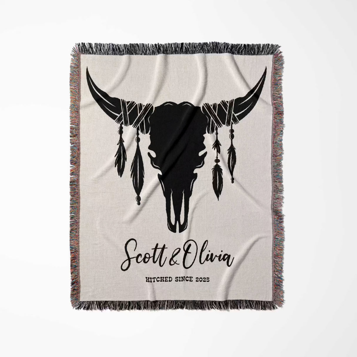 Cow skull wedding cotton anniversary gift woven throw blanket full view with bull skull design and personalized text on a beige background