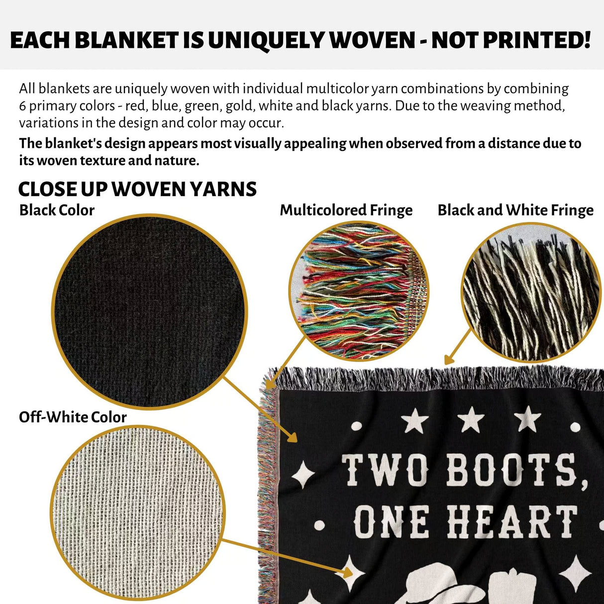Product description of cowboy boots wedding 2nd anniversary gift woven throw blanket with close-up details and text about uniqueness.