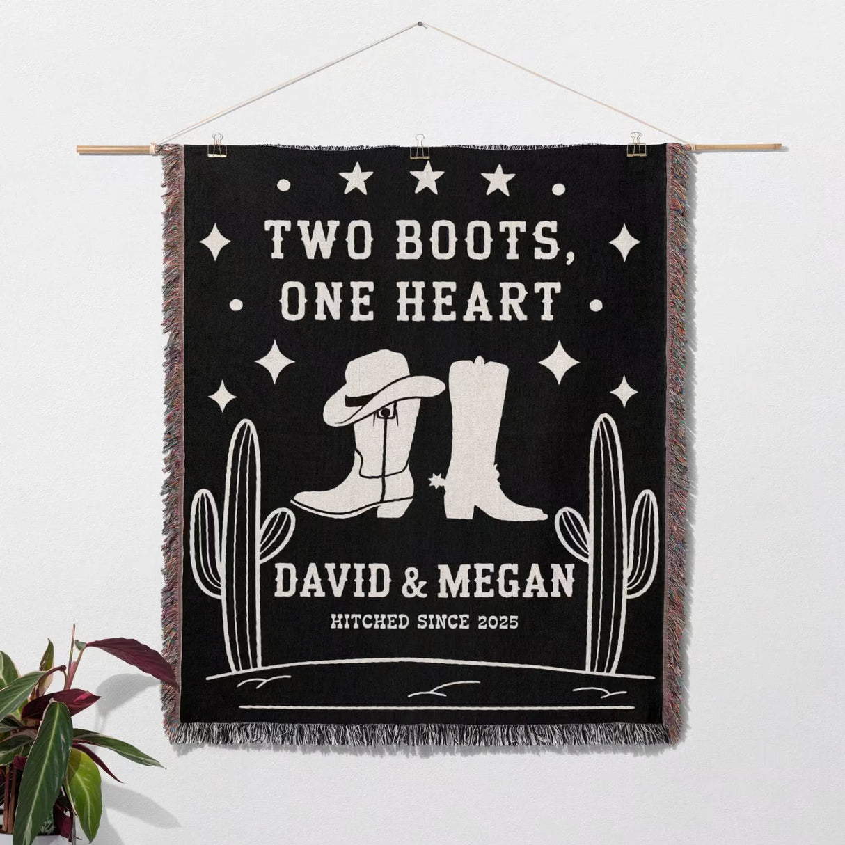 Cowboy boots wedding 2nd anniversary gift woven throw blanket as a decorative wall hanging with cowboy boots and cacti design, featuring text.