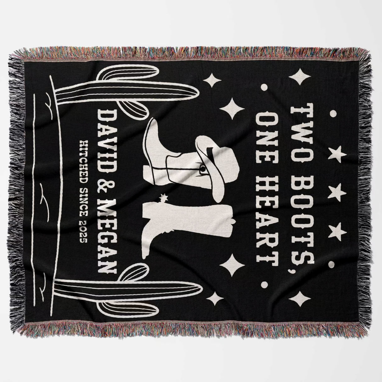 Cowboy boots wedding 2nd anniversary gift woven throw blanket flat lay with white text and graphics, featuring 'Two Boots, One Heart' and 'Hitched Since 2023' design.