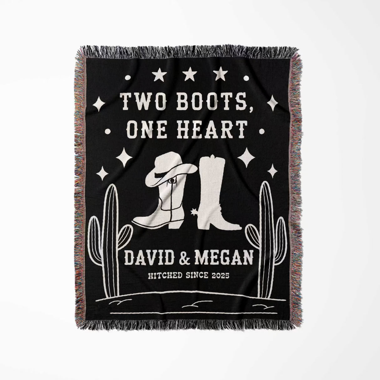Cowboy boots wedding 2nd anniversary gift woven throw blanket full view with cowboy boots, cacti, and personalized text on a white background