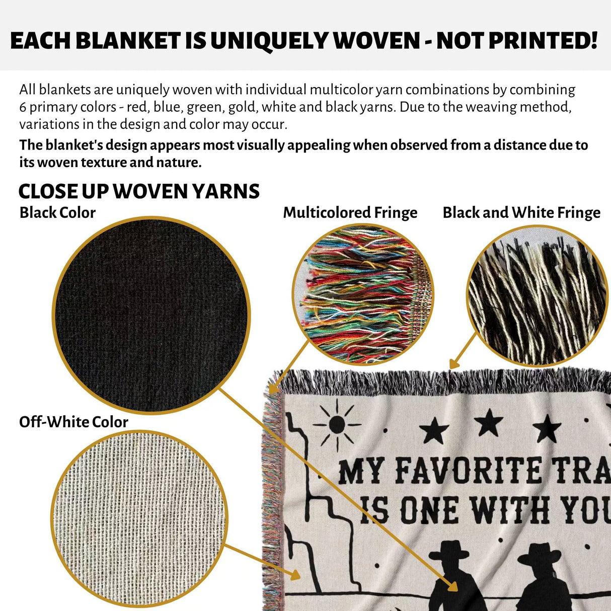Textile product with woven yarns and a cowboy and cowgirl couple cotton anniversary gift woven throw blanket featuring text and graphics.