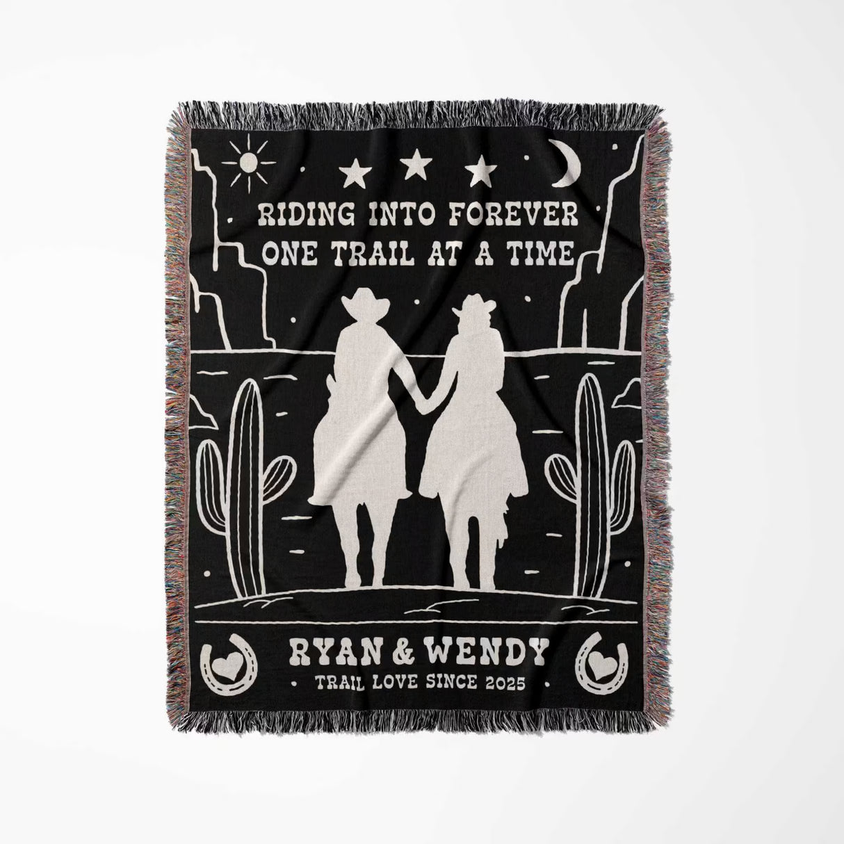 Cowboy and cowgirl western 2nd anniversary gift woven throw blanket full view with cowboy design and text on a white background