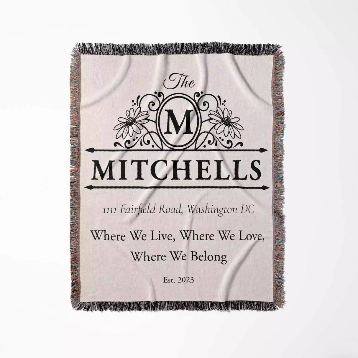 Custom family name and address blanket with family name and address flat lay on a light background