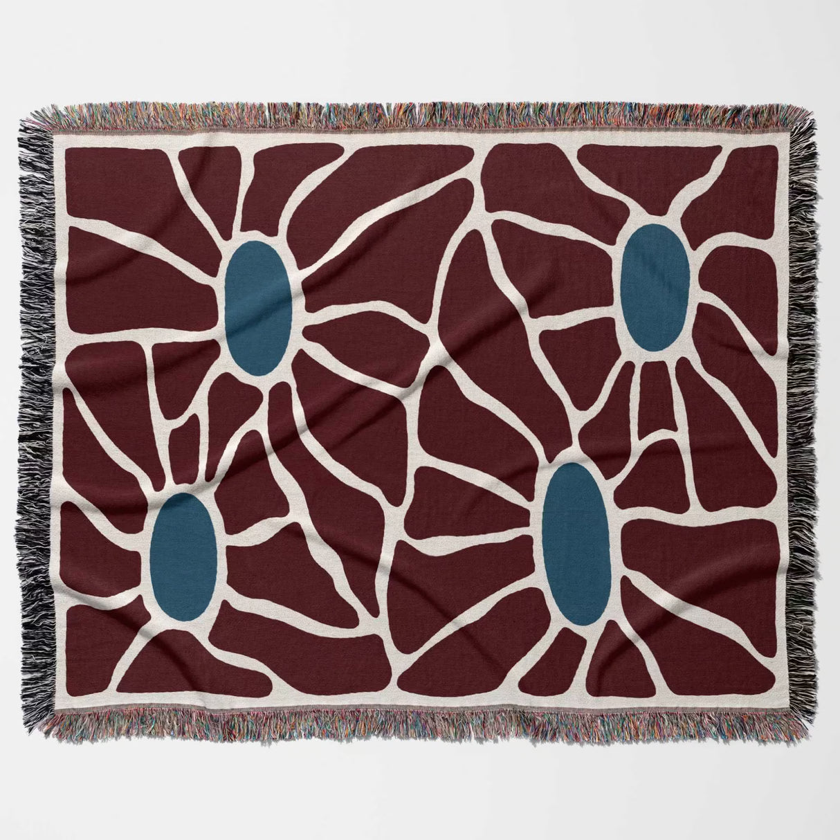 Decorative eclectic Matisse inspired tapestry throw blanket for couch with a flower pattern horizontally flat on a white background