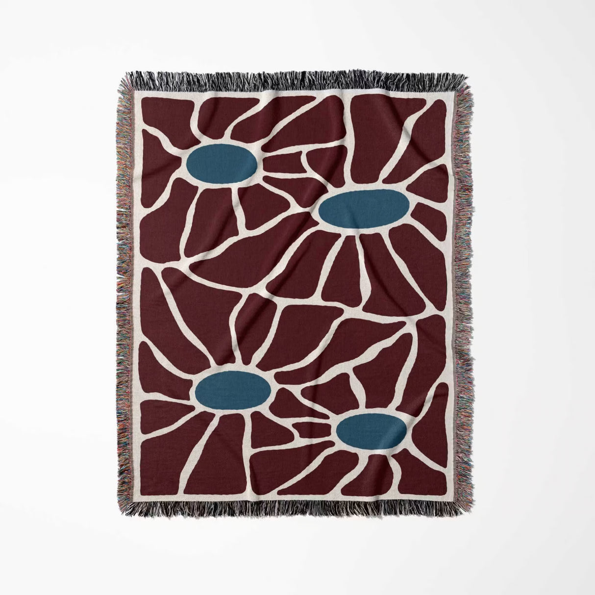 Floral patterned eclectic Matisse inspired tapestry throw blanket for couch vertically flat on a white background