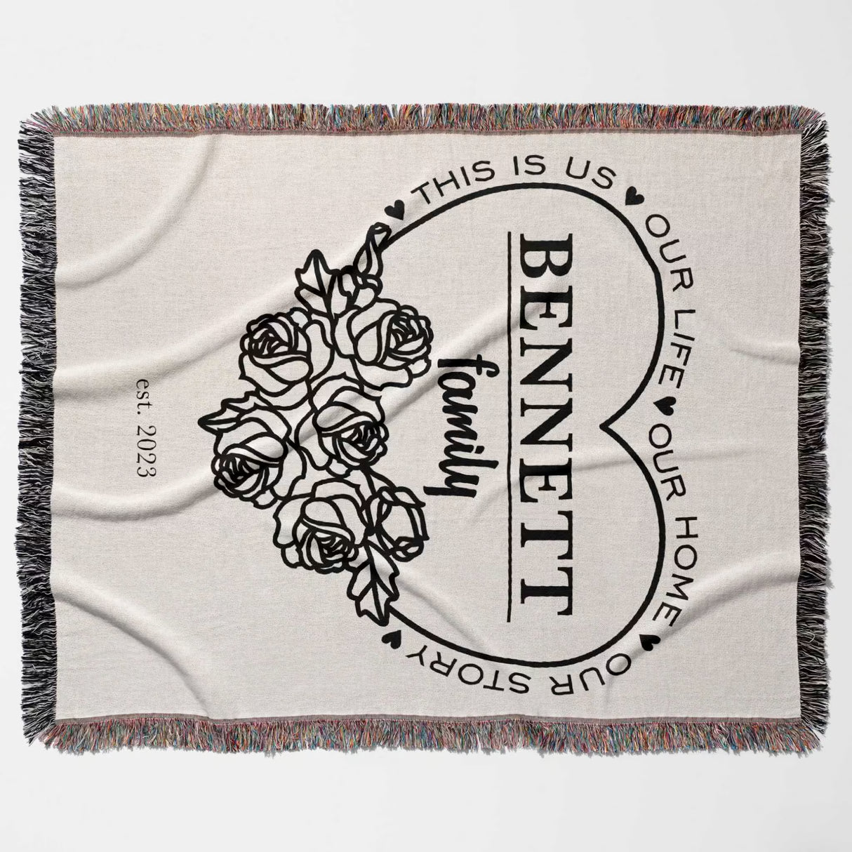 Family name personalized woven throw blanket gift for spouse with floral design and text flat lay on a white background