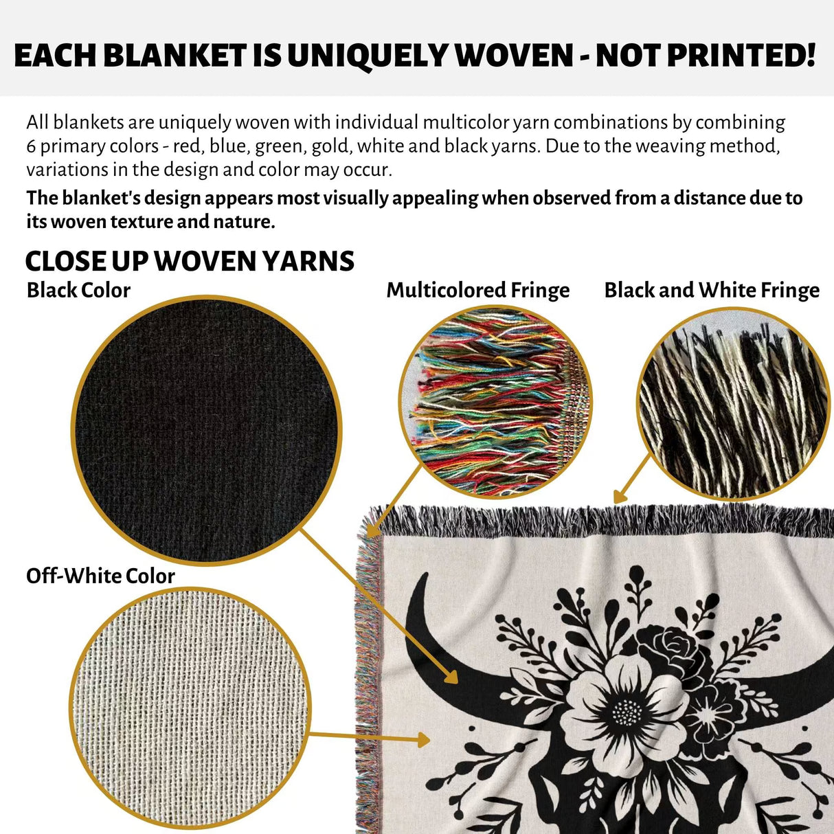 Floral cow skull cotton anniversary gift woven throw blanket with floral design and close-up details of woven yarns and fringes.