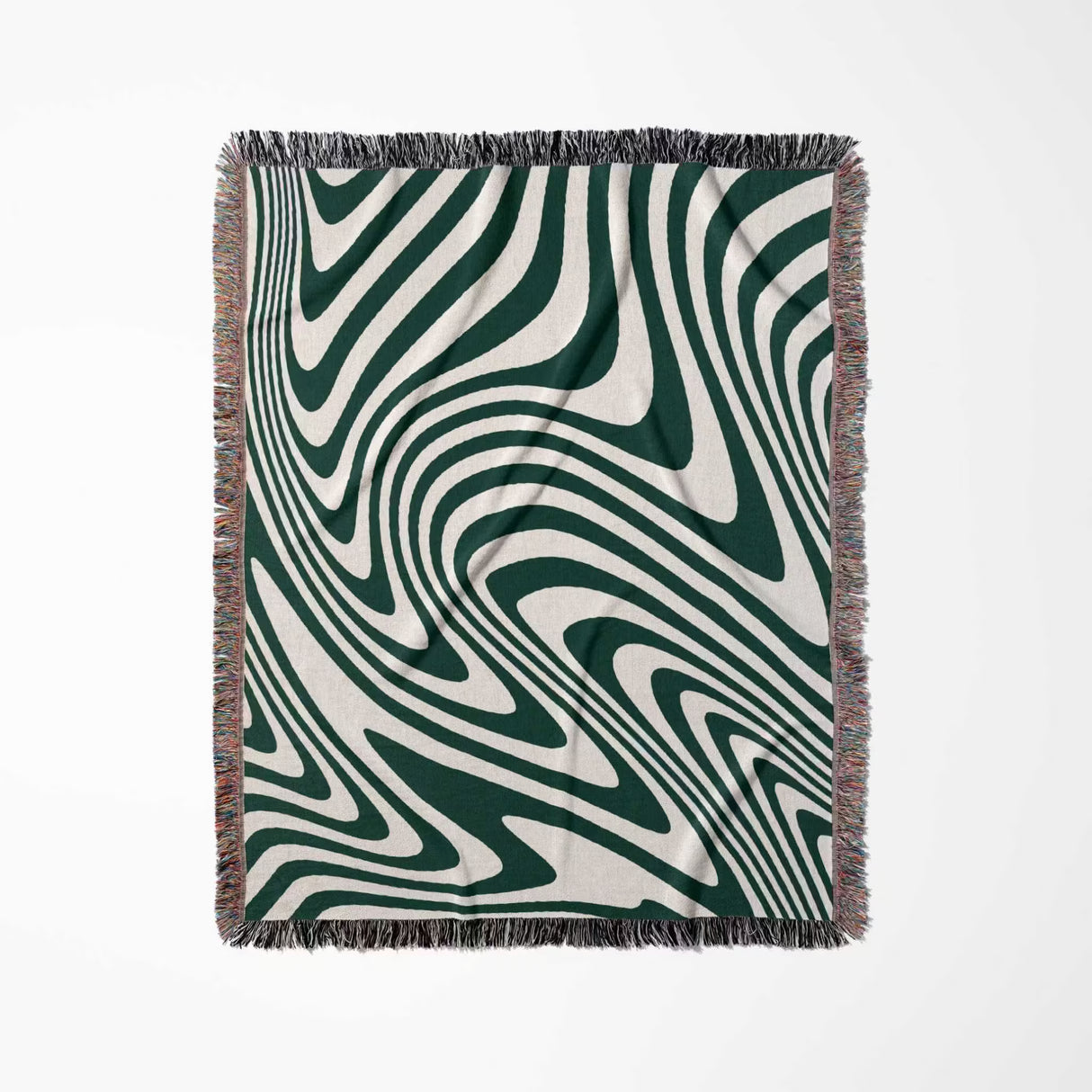 Full view of forest green modern decorative woven throw blanket with an abstract pattern on a white background