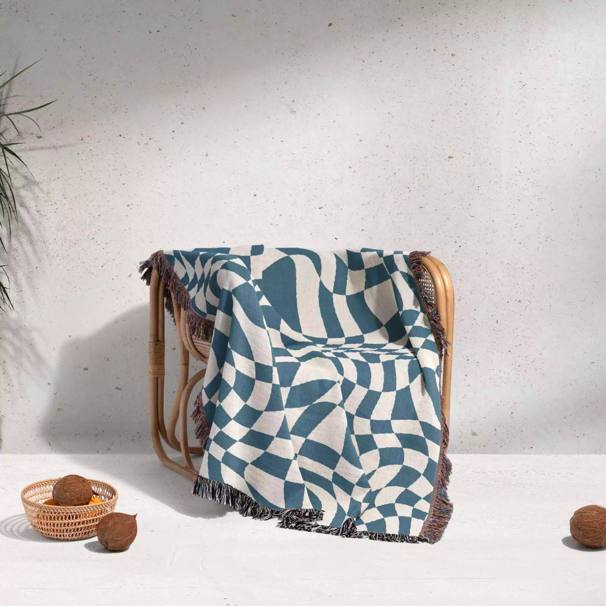 Funky Retro Style Blue Checker Woven Throw Blanket - DesignerOllie.com