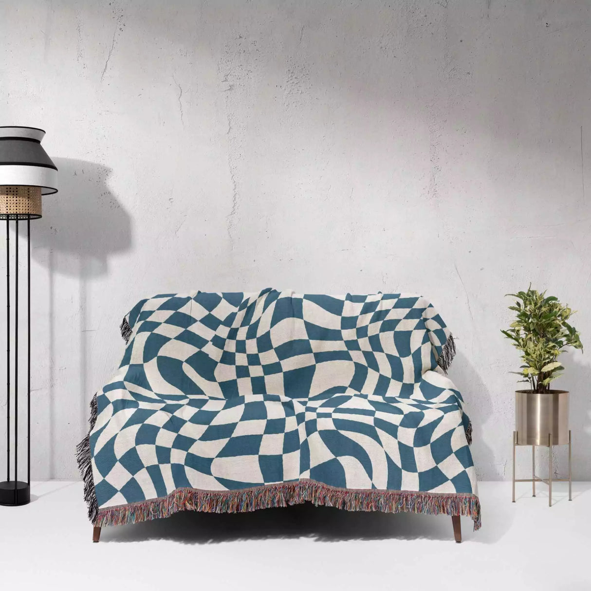 Funky Retro Style Blue Checker Woven Throw Blanket - DesignerOllie.com