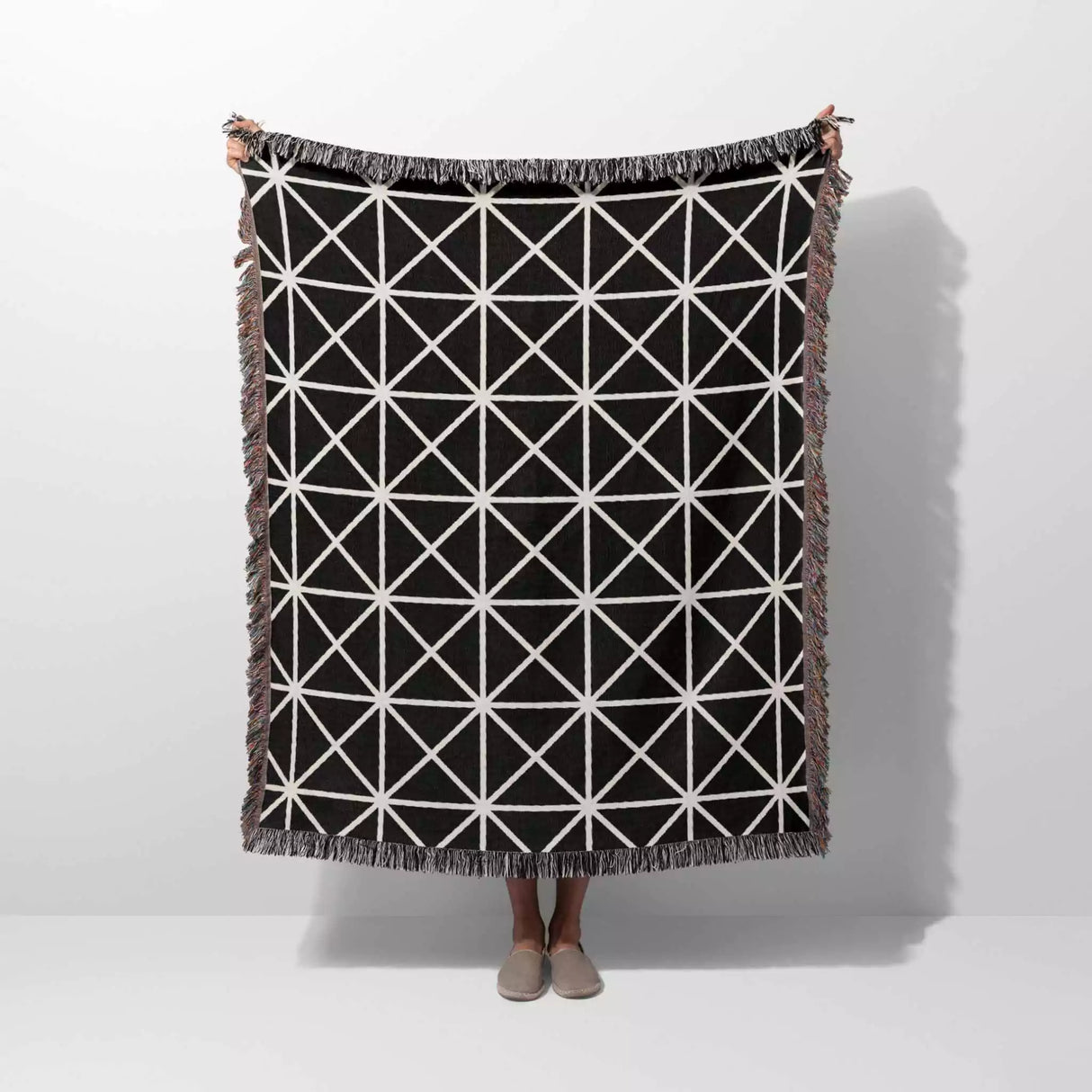 Geometric Triangles Black and White Monochrome Woven Throw Blanket and Tapestry - DesignerOllie.com