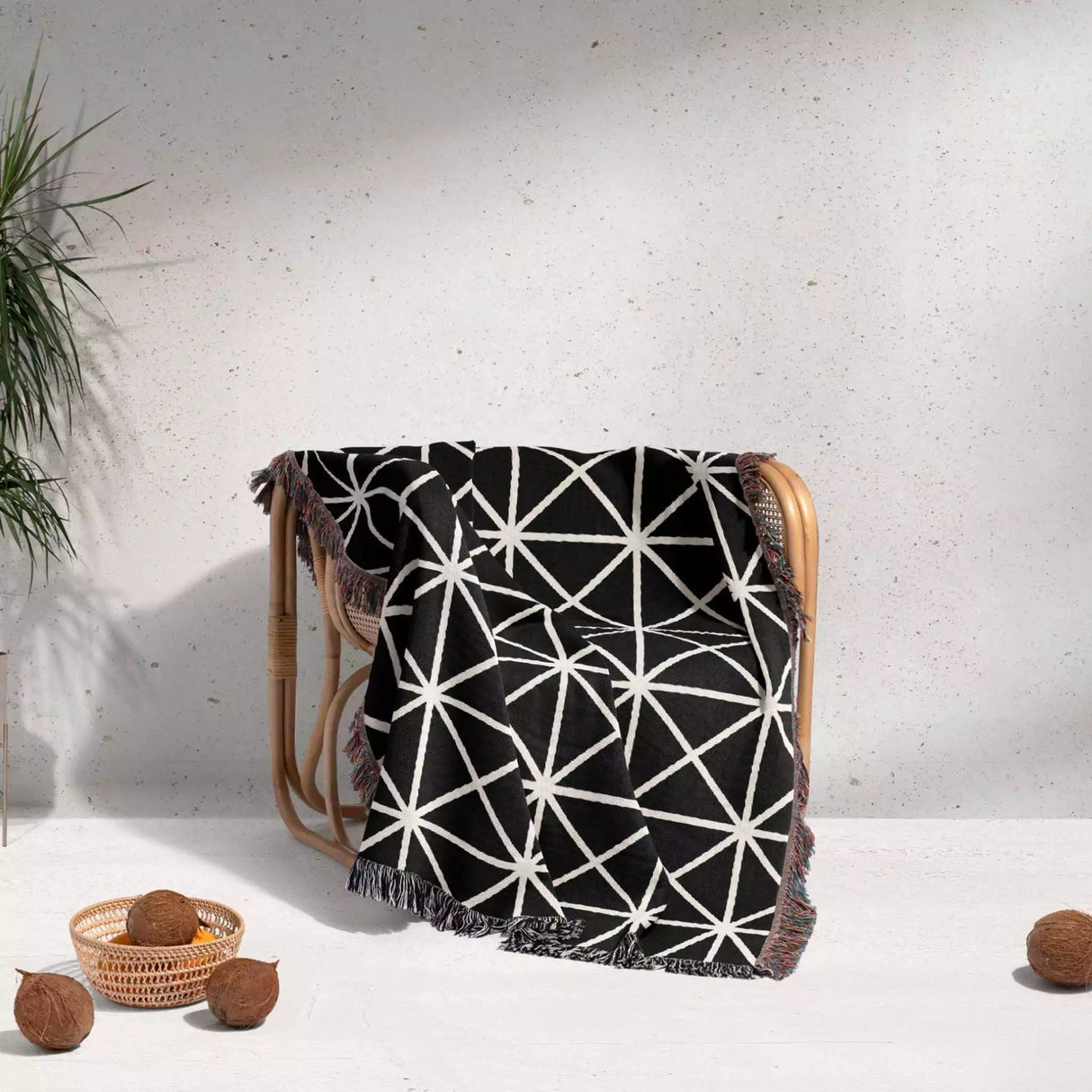 Geometric Triangles Black and White Monochrome Woven Throw Blanket and Tapestry - DesignerOllie.com