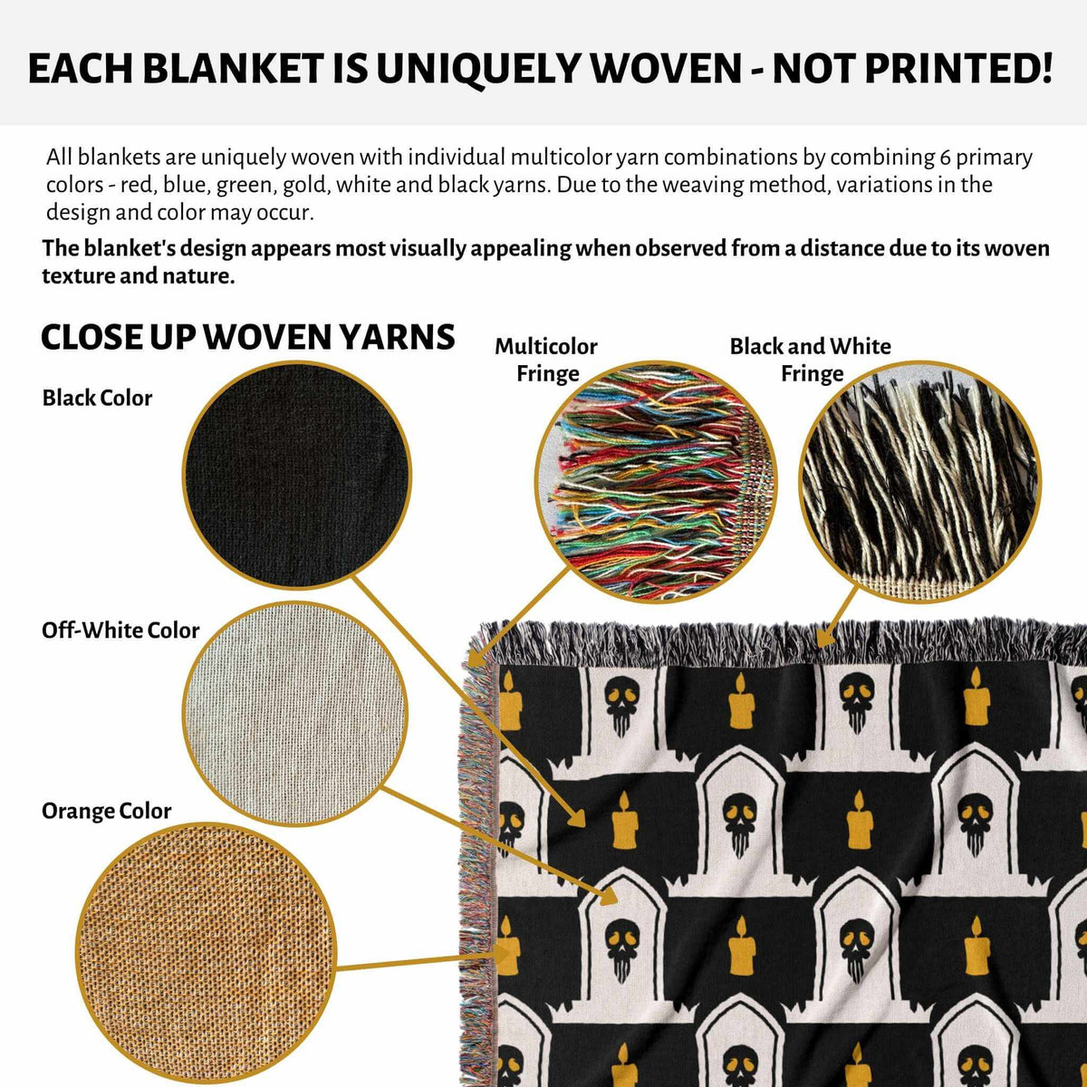 Product description of a uniquely woven blanket with color and texture details.
