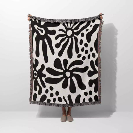 Groovy Corals Black and White Woven Throw Blanket and Tapestry - DesignerOllie.com
