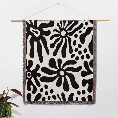 Groovy Corals Black and White Woven Throw Blanket and Tapestry - DesignerOllie.com