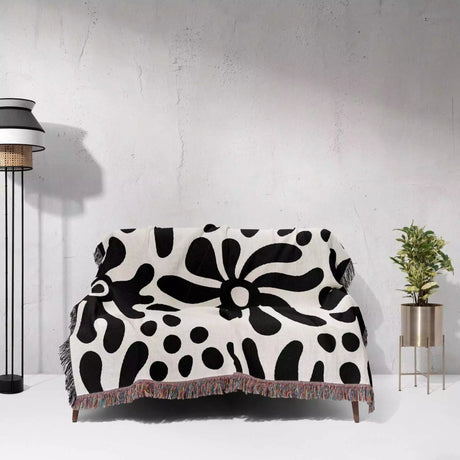 Groovy Corals Black and White Woven Throw Blanket and Tapestry - DesignerOllie.com