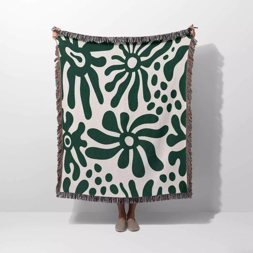 Groovy Corals Forest Green Woven Throw Blanket and Tapestry - DesignerOllie.com