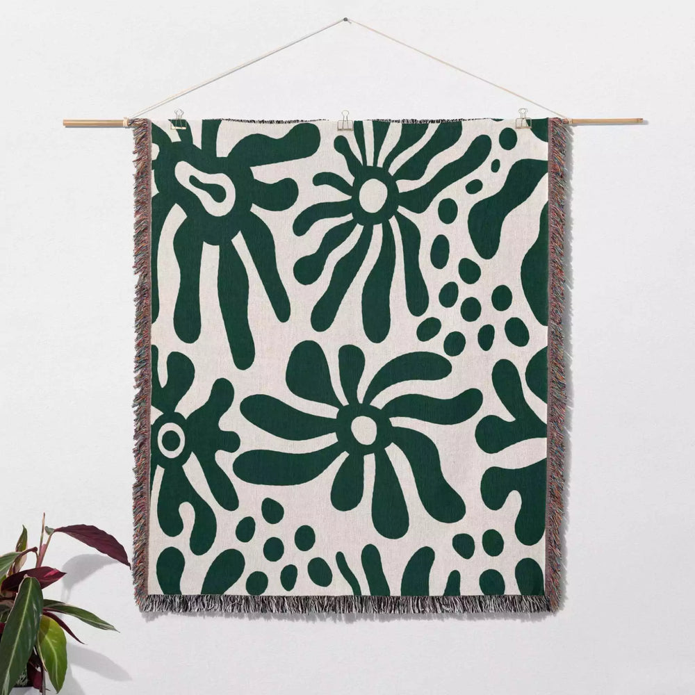 Groovy Corals Forest Green Woven Throw Blanket and Tapestry - DesignerOllie.com