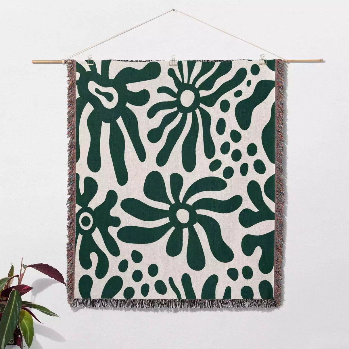 Groovy Corals Forest Green Woven Throw Blanket and Tapestry - DesignerOllie.com