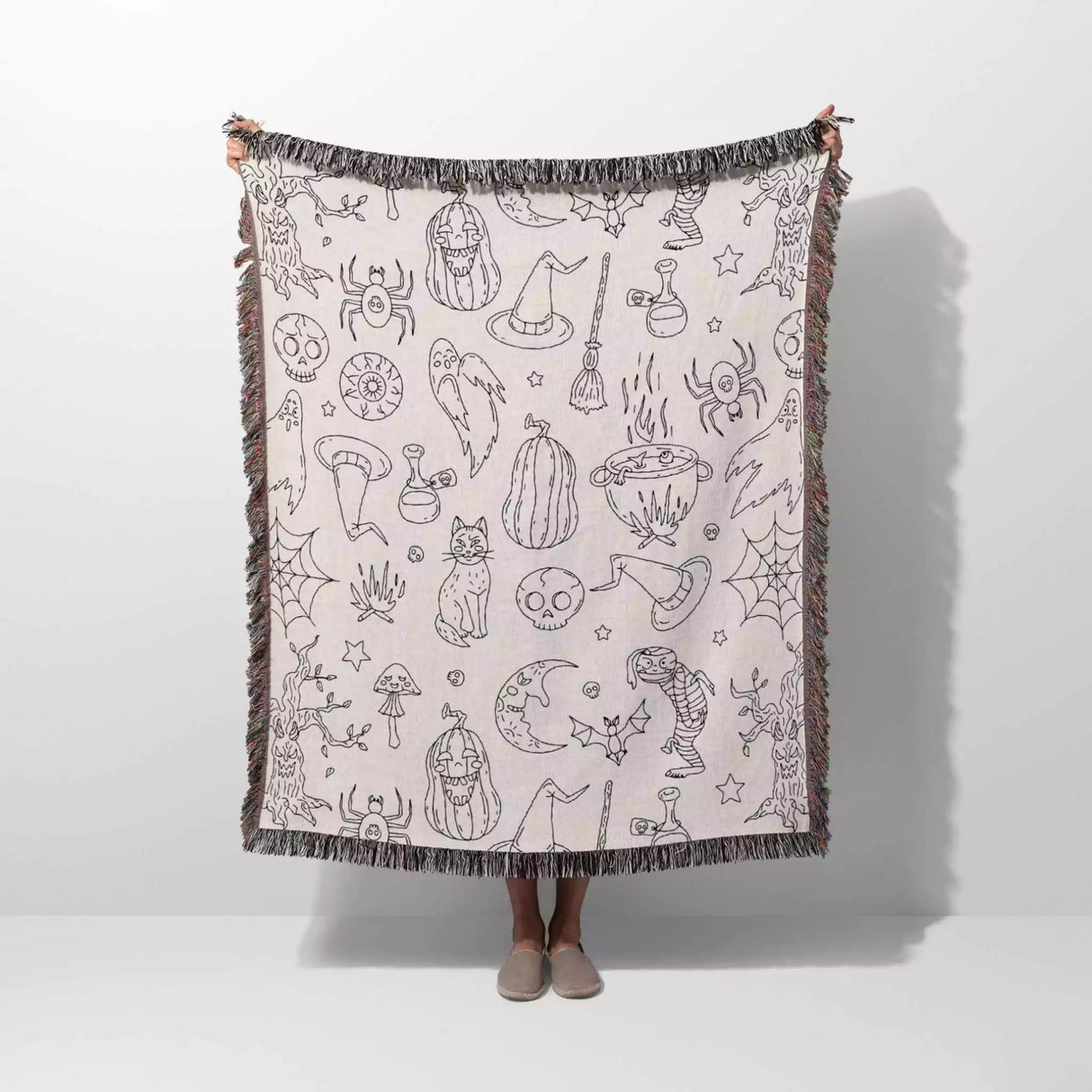 Halloween Black and White Line Art Woven Throw Blanket and Tapestry - DesignerOllie.com
