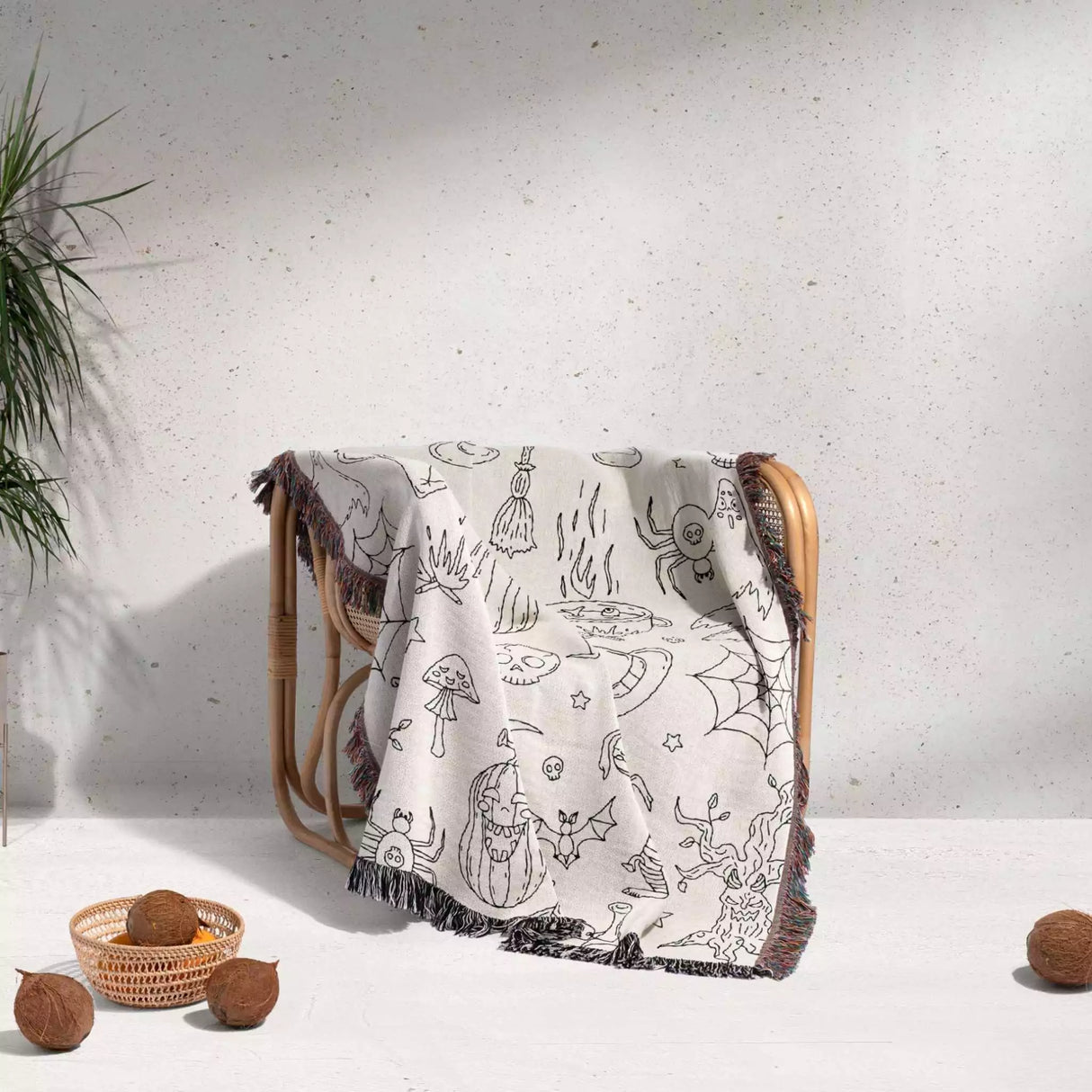 Halloween Black and White Line Art Woven Throw Blanket and Tapestry - DesignerOllie.com