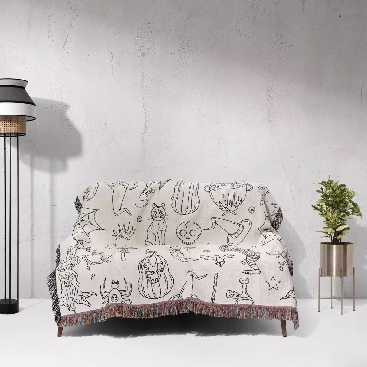 Halloween Black and White Line Art Woven Throw Blanket and Tapestry - DesignerOllie.com