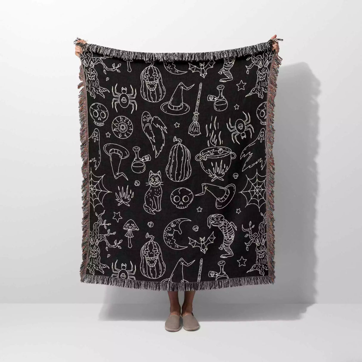 Halloween Spooky Line Art Black White Woven Throw Blanket and Tapestry - DesignerOllie.com
