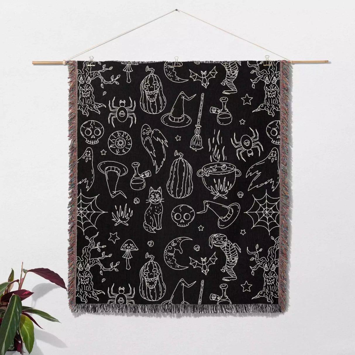 Halloween Spooky Line Art Black White Woven Throw Blanket and Tapestry - DesignerOllie.com
